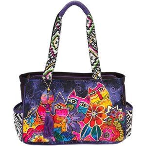 Handcrafted Laurel Burch Large Tote Shoulder Bag With Vibrant Cat  Floral Design